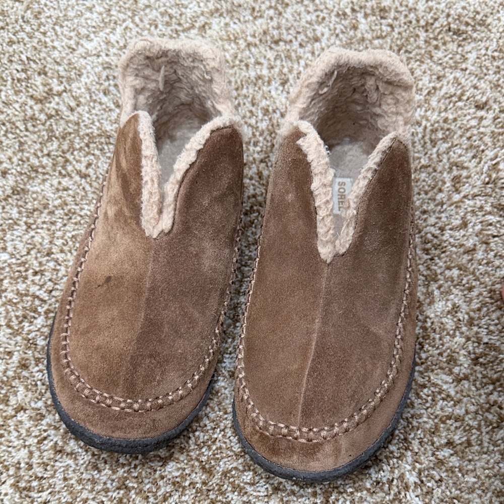 Mens Sorel Brown Suede Slippers with Faux Fur Lining